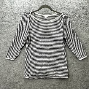 Eileen Fisher Medium Linen Blend Striped Top Boat Neck Nautical 3/4 Sleeves
